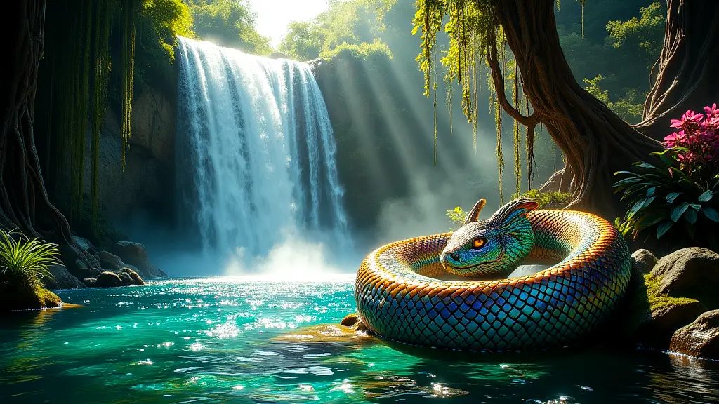 Mystical waterfall with Simbi spirit in vibrant jungle.