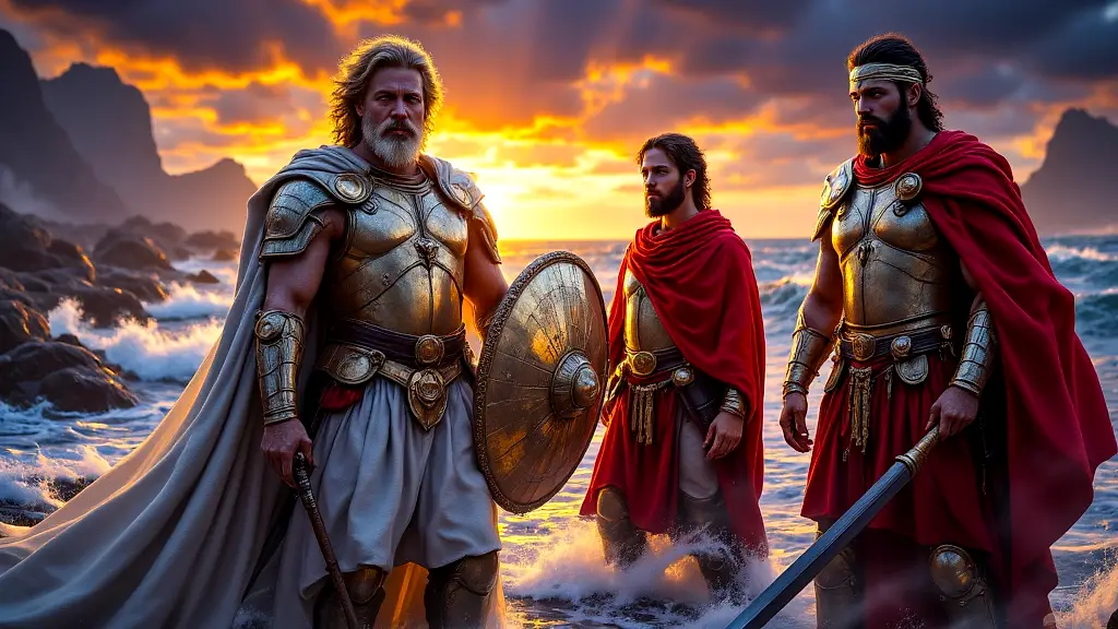 Mythic heroes Odysseus, Achilles, Jason, Aeneas stand together.