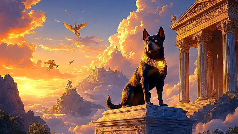 Mythical dog stands before Greek temple at sunset.