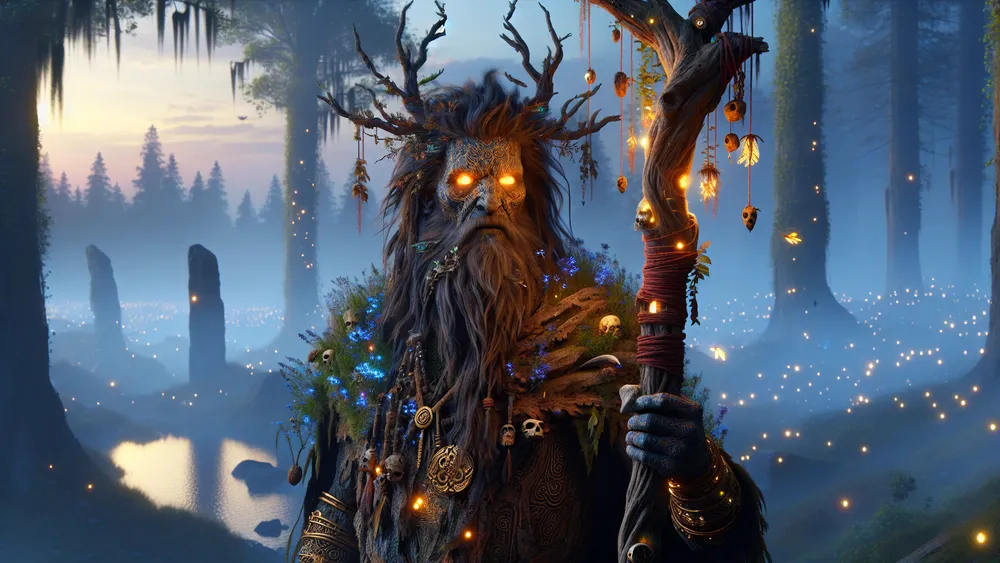 Mythical Duga Stands In An Enchanted Twilight Forest Glowing With Power