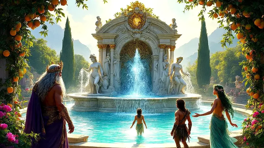 Mythical Fountain of Youth in vibrant Greek mythology scene.