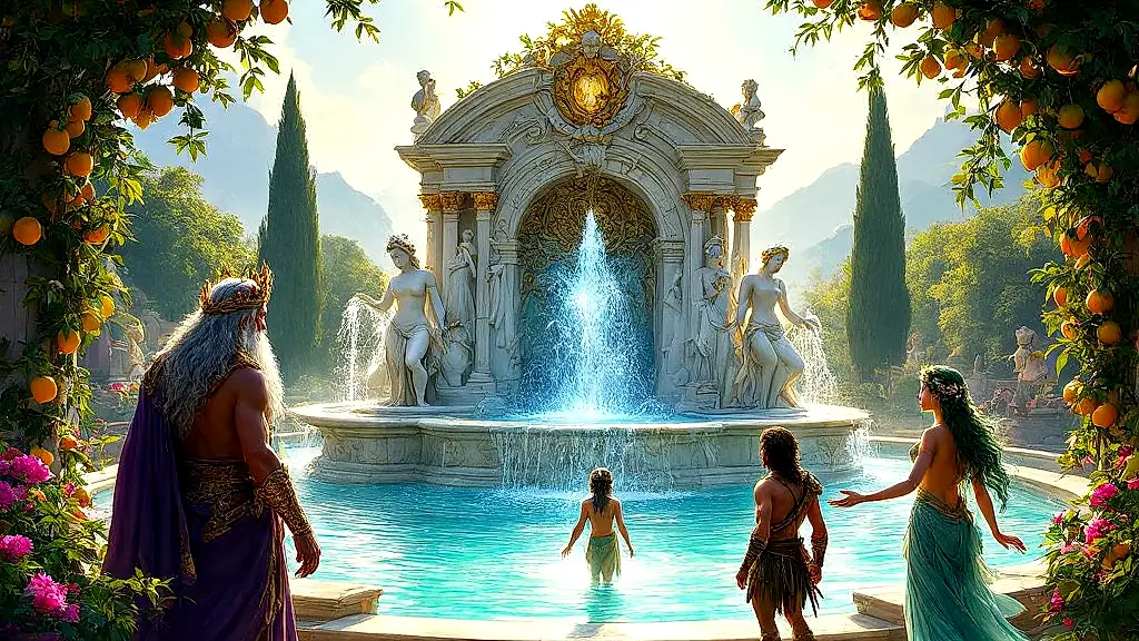 Mythical Fountain of Youth in vibrant Greek mythology scene.