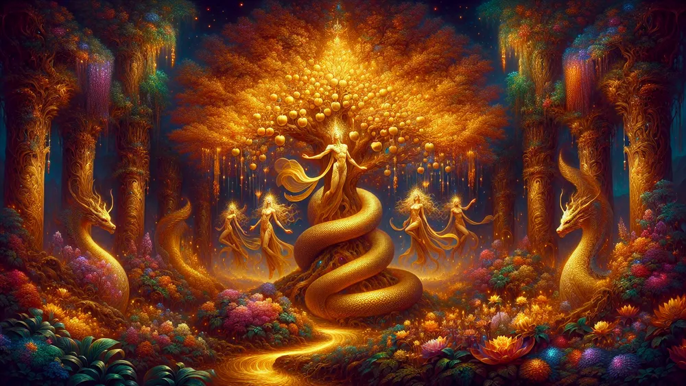 Mythical Garden With Golden Apples Celestial Guardians And A Serpent Protector