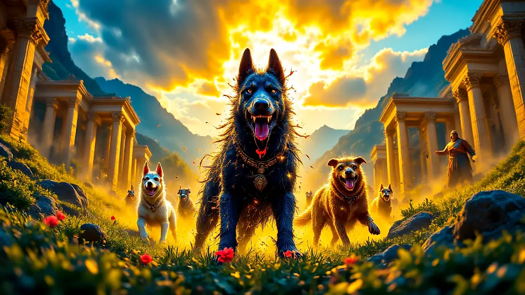 Mythical Greek dogs gathered at Mount Olympus.