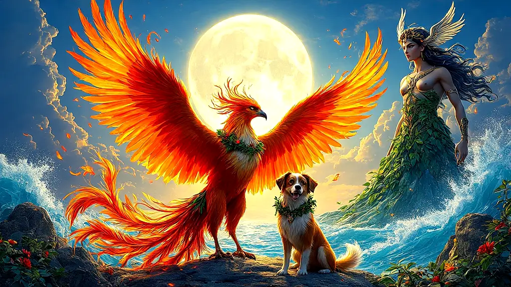 Mythical Greek-named dogs and gods in vibrant, epic scene.