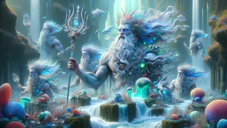 Mythical Greek River Gods With Glowing Water Forms In Lush Forest