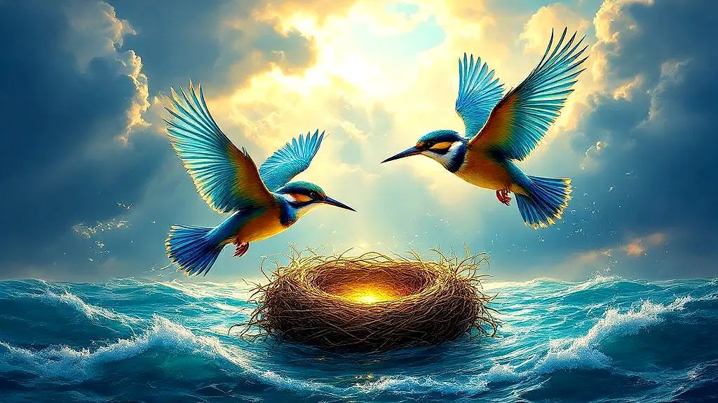 Mythical halcyon birds flying over a stormy sea.