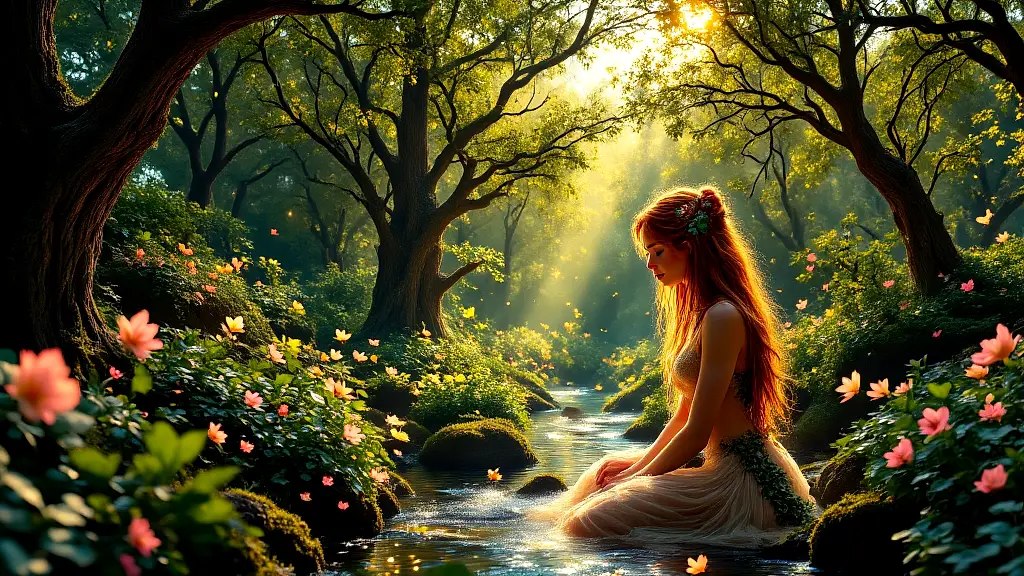 Mythical nymph in enchanted forest touching golden-rippled stream.