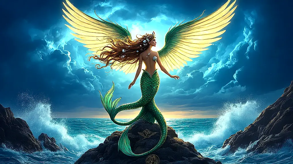 Mythical twin-tailed siren with Pegasus wings, standing majestically by stormy sea.