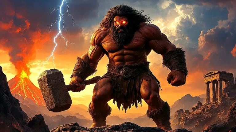Mythological Cyclops wielding hammer atop stormy cliff.