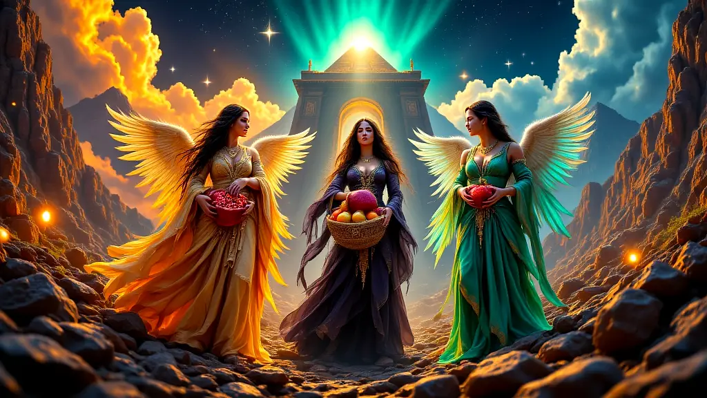 Mythological gods holding pomegranates in vibrant realms.