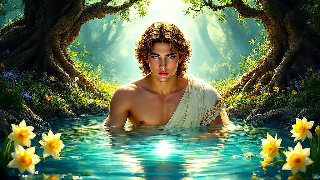 Narcissus enchanted by his reflection in a glowing pool.