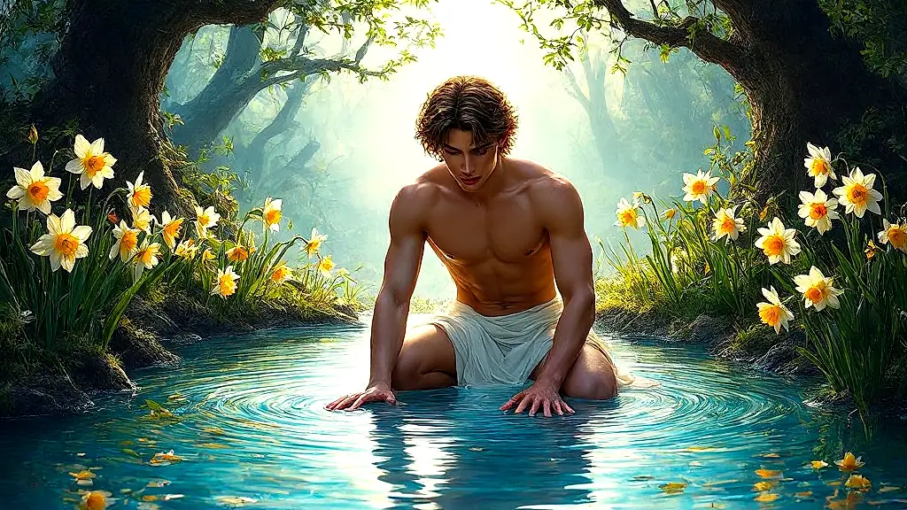 Narcissus enchanted by his reflection in a mystical pool.