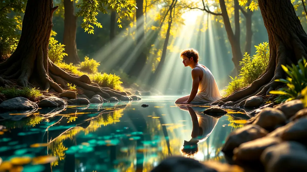 Narcissus enchanted by his reflection in a mystical pool.