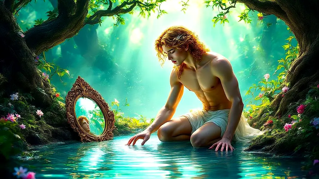 Narcissus enchanted by his reflection in water and bronze mirror.