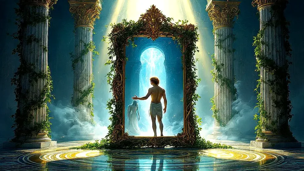 Narcissus gazing at his reflection in a mythical mirror.