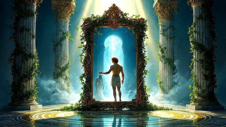 Narcissus gazing at his reflection in a mythical mirror.