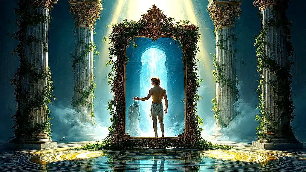 Narcissus gazing at his reflection in a mythical mirror.