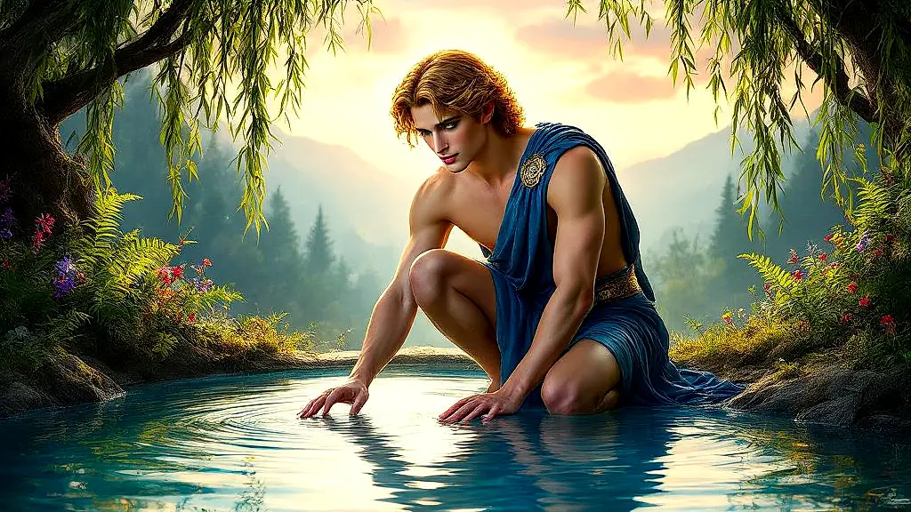 Narcissus mesmerized by his reflection in a glowing pool.