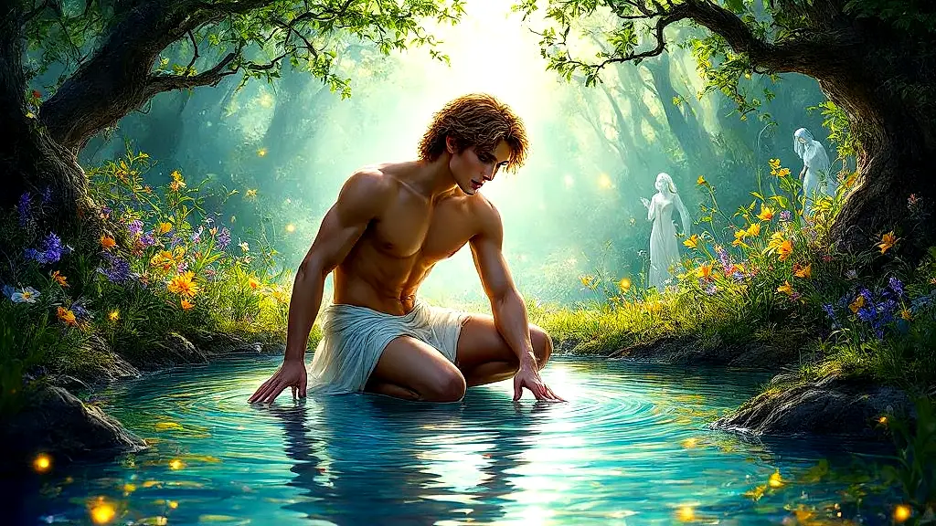 Narcissus mesmerized by his reflection in a mythical pool.