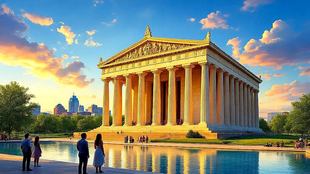 Nashville Parthenon replica at sunset, glowing columns, vibrant sky.