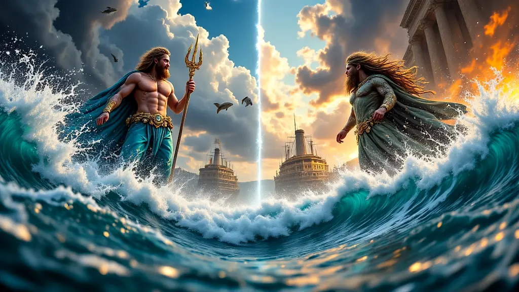 Neptune and Poseidon clash as stormy seas rage.