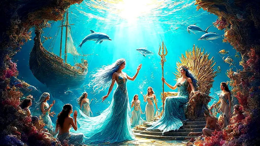 Nereids ruling a vibrant Greek sea court.