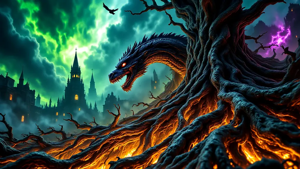 Nidhogg the dragon devouring Yggdrasil's roots in Norse mythology.