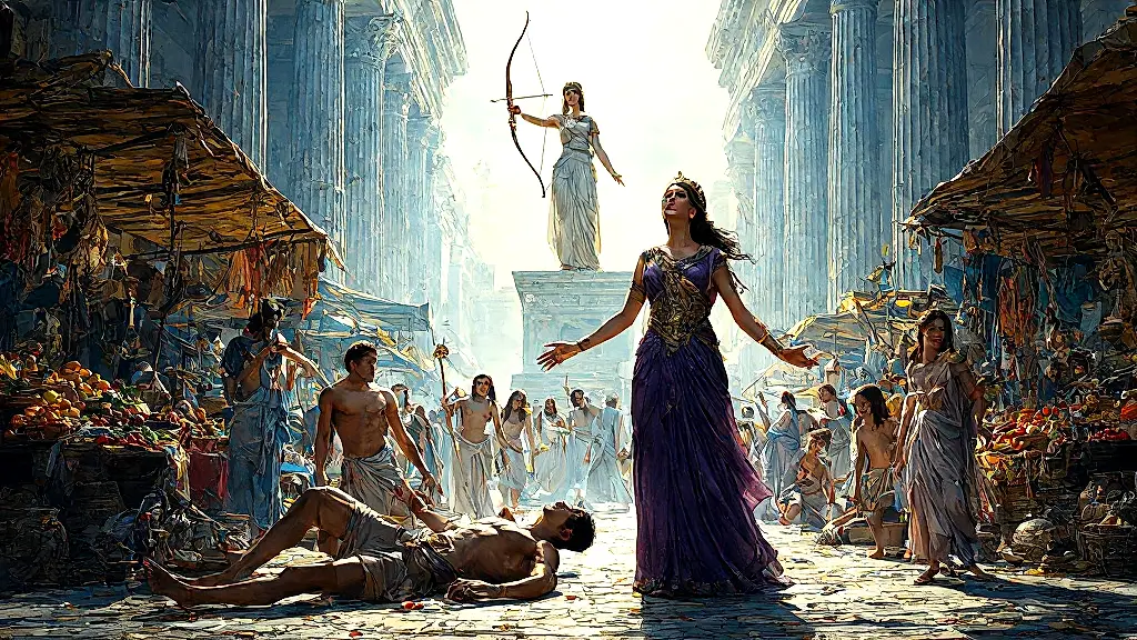 Niobe’s children slain by Artemis and Apollo in Thebes.