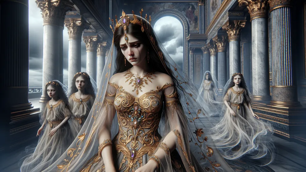 Niobe Sorrowful Queen Surrounded By Ghostly Children In A Grand Palace