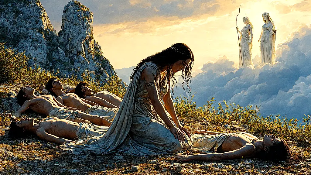 Niobe weeping over her dead children, turning to stone.