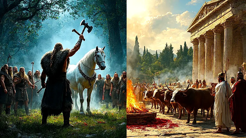 Norse blót and Greek Olympic sacrifice contrasted vividly.