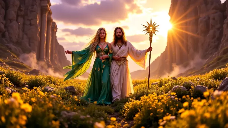 Norse Eir and Greek Asclepius, gods of healing, united in golden meadow.