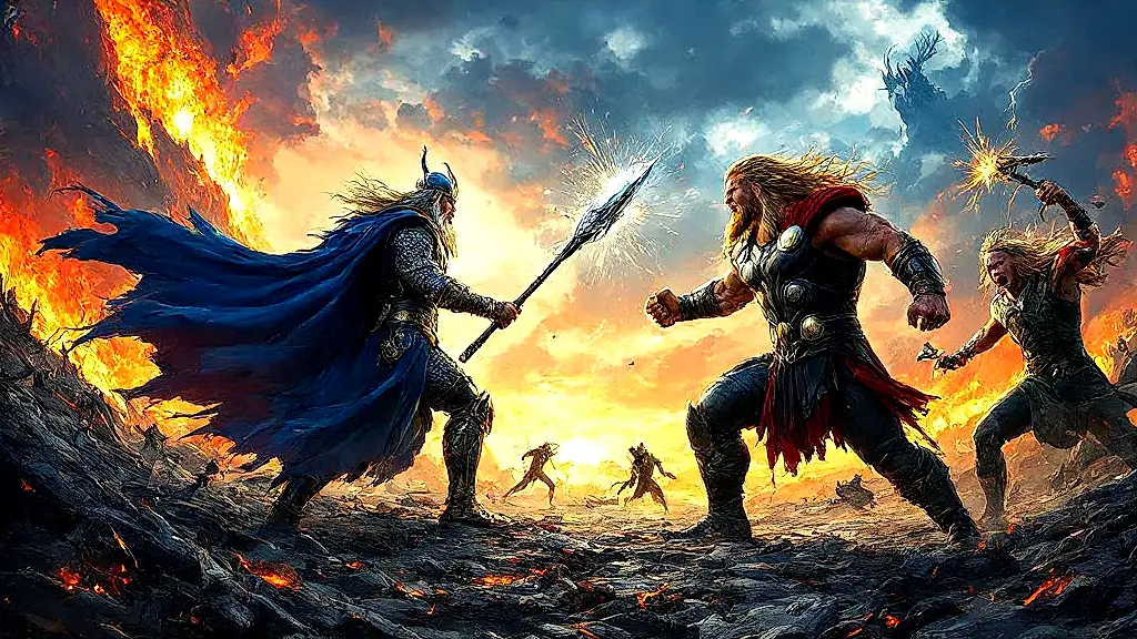 Norse gods battle monsters during Ragnarök’s apocalyptic end.