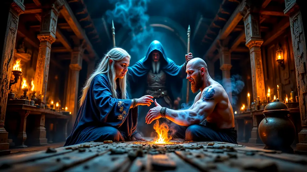 Norse healer chants spell as Odin and Valkyries aid wounded warrior.