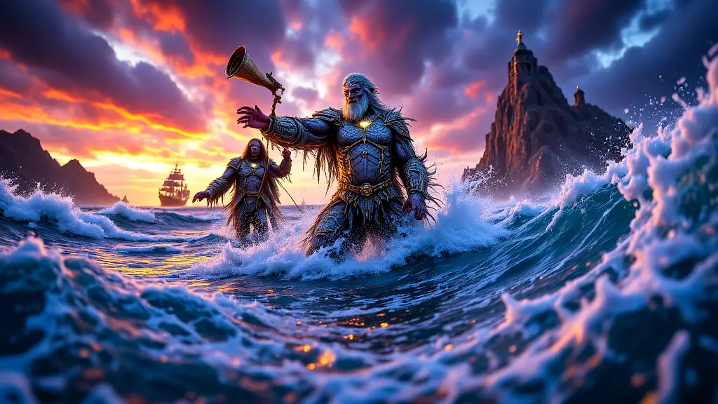 Norse sea gods Ægir, Rán, and Njord commanding stormy ocean.