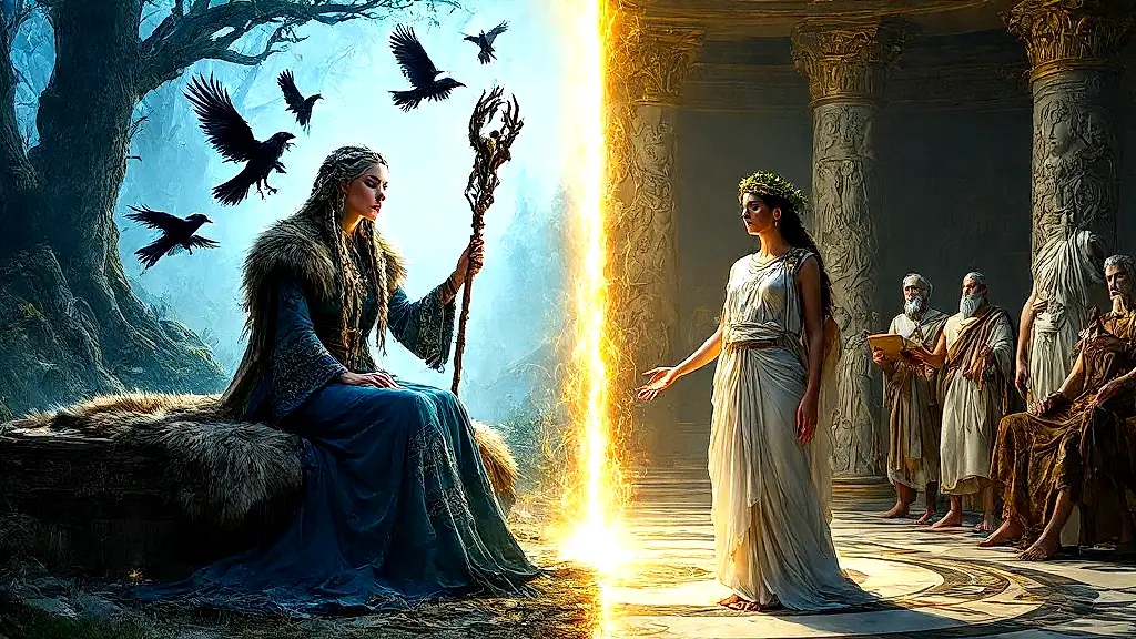 Norse volva and Greek oracle performing divination side by side.