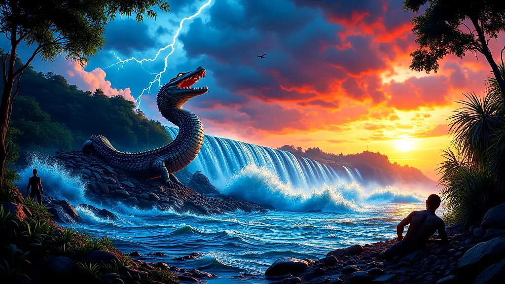 Nyami Nyami separated by Kariba Dam, raging at sunset.