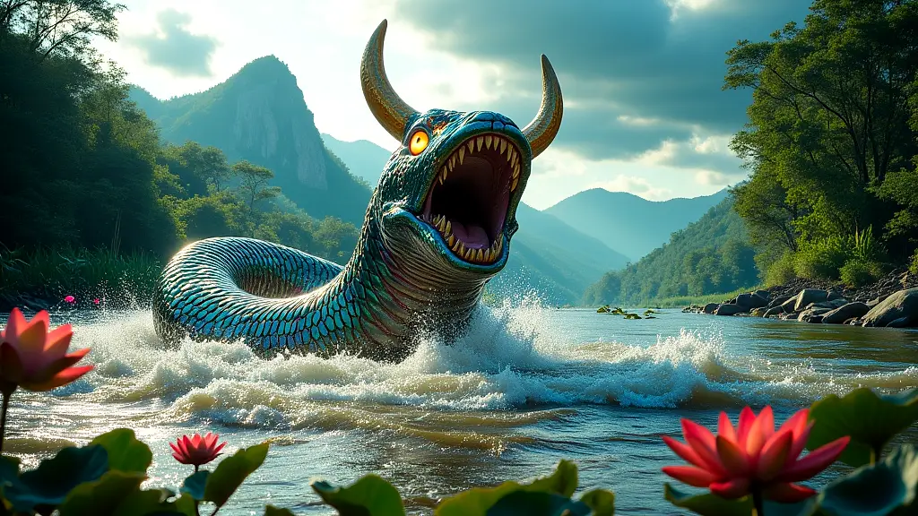 Nyami Nyami, serpentine river spirit, emerges from Zambezi.
