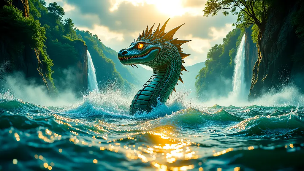 Nyami Nyami, Zambezi River God, emerges from shimmering waters.