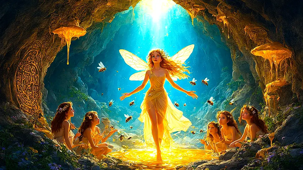 Nymph Melissa transforms into first bee in glowing cave.