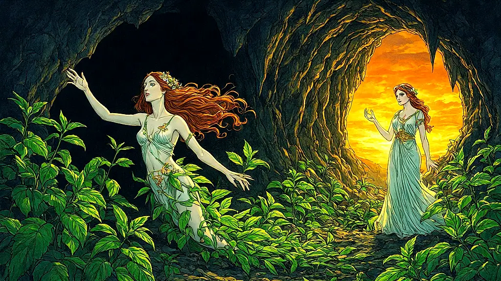 Nymph Minthe transforming into mint plant near Underworld entrance.