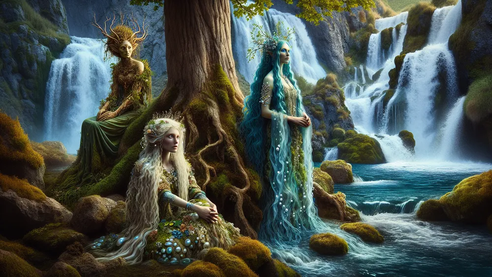 Nymphs By Rivers Mountains And Trees In A Lush Natural Scene