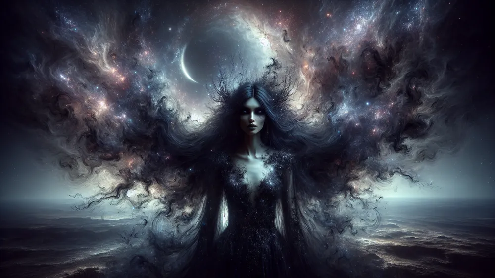 Nyx Greek Goddess Of The Night In A Starry Mystical Landscape