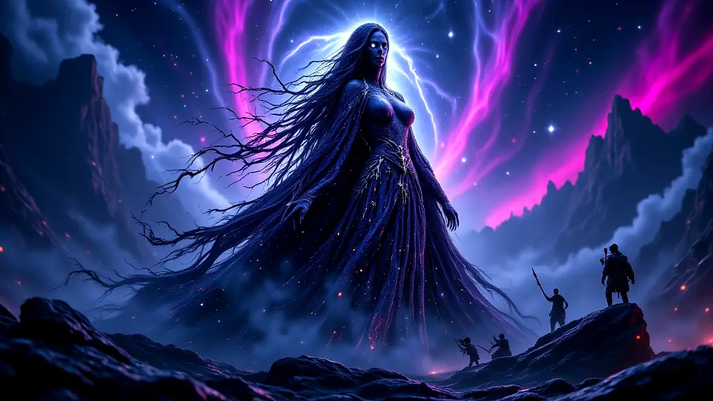 Nyx, primordial goddess of Night, emerging from cosmic chaos.