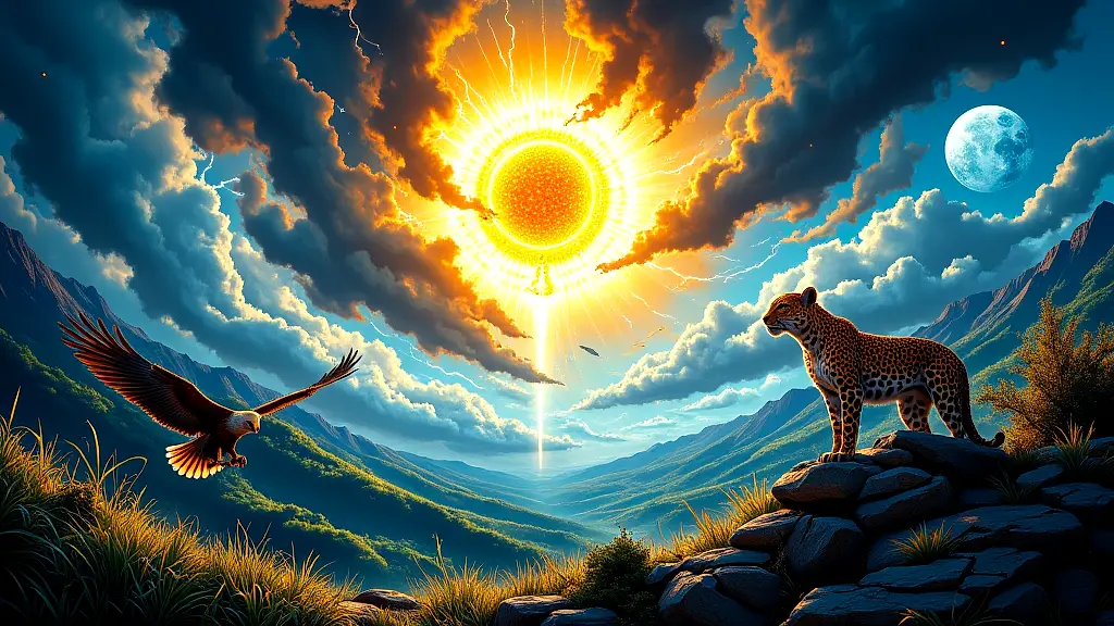 Nzame’s lightning, eagle, and leopard symbols in vibrant mythic scene.