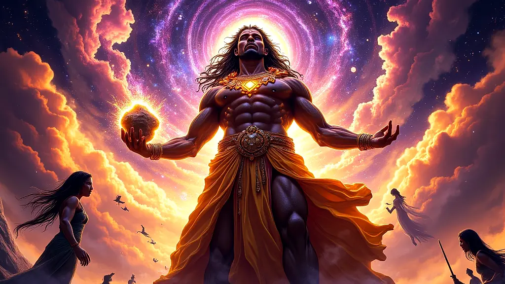 Nzame shaping the cosmos in Fang mythology.