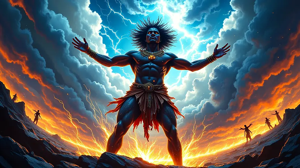 Nzame splits heaven and earth with divine force.