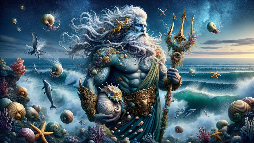 Oceanus Greek Titan God With Sea Creatures And Ancient Ocean Ruins