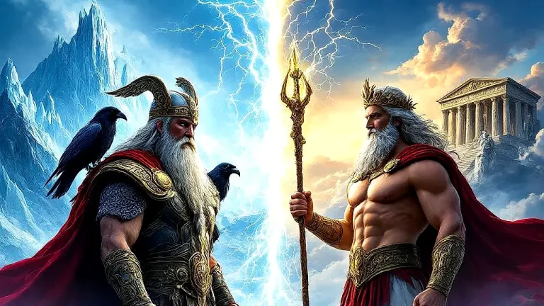 Odin and Zeus facing off in epic mythological clash.